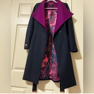Ted Baker Navy Blue Trench Coat with Purple Collar